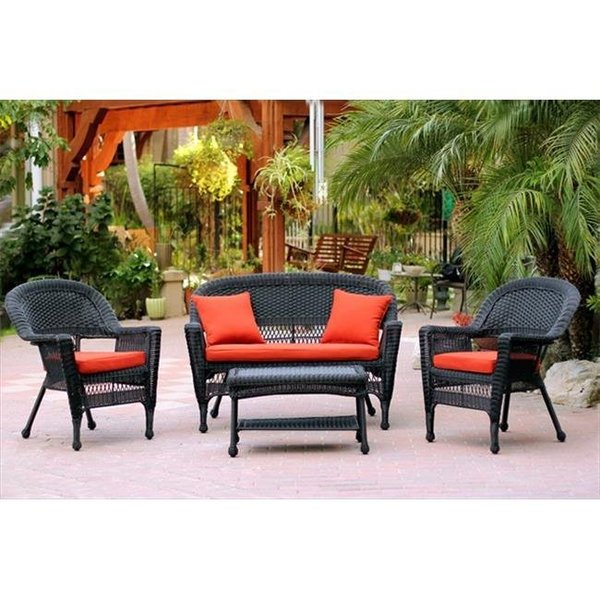 Jeco Jeco W00207-G-FS018 4 Piece Black Wicker Conversation Set - Red Orange Cushions W00207-G-FS018